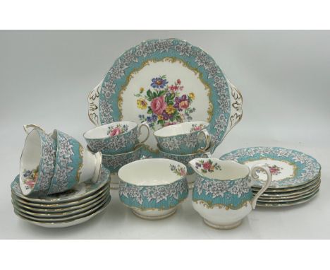 A Royal Albert Enchanted part tea service comprising of 1x cake plate 27cmw, milk jug, 6x teacups, 6x saucers and 6x side pla