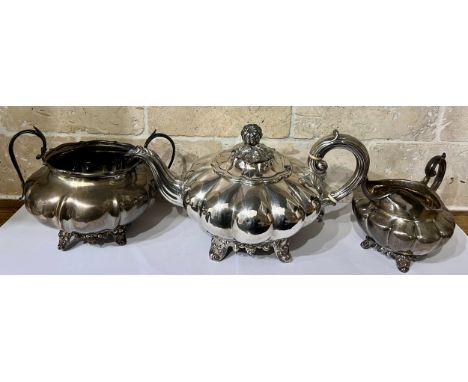 Three piece composite Victorian silver tea service. Teapot with ivory bands, London 1856, maker probably AB Savory & Sons, su