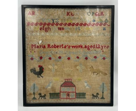 A framed Victorian cross stitch sampler worked by Maria Roberts aged 12 from Overton National School 1889. 42cm x 39cm.