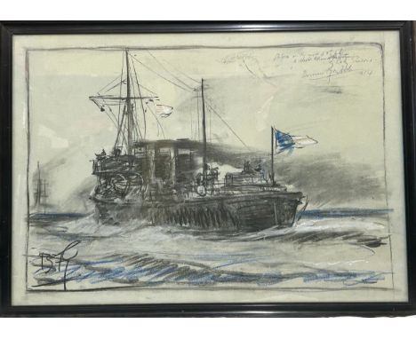 Bernard F. Gribble (1873-1962) A pastel/ charcoal sketch of a steamship at sea. Dedicated to the front 'Sketches on the night