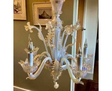 A Murano glass chandelier with six candle light holders and leaf shaped decoration, 44cm from fitting to base and 56cm d.