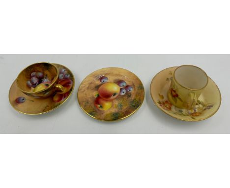 Royal Worcester miniature tea cup, saucer and plate 8.7cm decorated with fruit by Roberts together with a royal Worcester blu