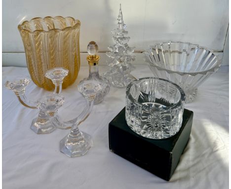 Glass to include Waterford Millenium champagne bottle coaster, glass Christmas tree, pair Villeroy and Boch candlesticks, Ros