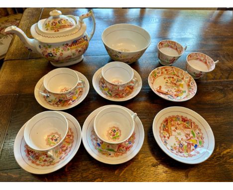 Hilditch &amp; Son 19thC part tea service in oriental pattern to include teapot, slop bowl, 4x cups and 5x saucers. Together 