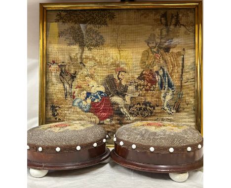Two Victorian circular footstools with bead work and tapestry on ceramic bun feet 29cm d, together with a framed tapestry of 