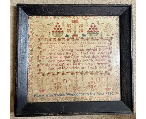 A cross stitch sampler by Mary Ann Todd 1834. 50 x 53cm.