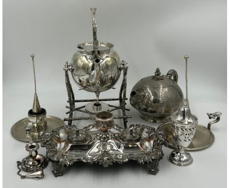 Silverplate items to include a good quality spirit kettle 32cm h, a pair of candle holders with snuffers with bird and inscri