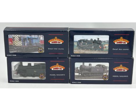 Four Bachmann trains to include 3F Jinty 47354 BR black e/emblem 32-226, Ivatt Tank 41286 push/pull fitted BR lined black e/c