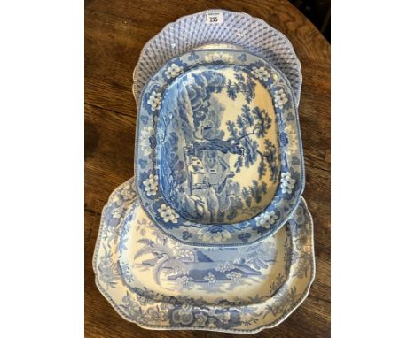 A group of early 19th century blue and white transfer printed items, c. 1820-40.  To include a Davenport Rustic Scenes platte