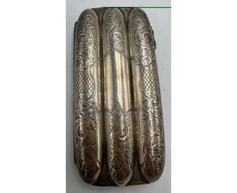 A silver cigar case with foliate scroll engraving and a vacant cartouche. Birmingham 1907, maker Joseph Gloster. Weight 120gm