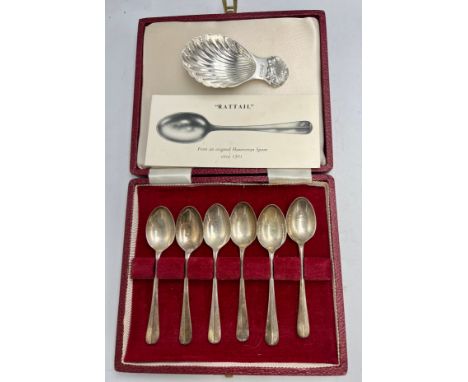 A set of six boxed silver rattail coffee spoons. Sheffield 1967, maker Francis Howard Ltd together with a silver caddy spoon 