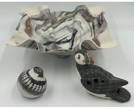 Studio ceramics : Janet Hamer (1932-2014) 'Grey Quail' 7.5cm h with impressed marks to base, a puffin in the form of a whistl