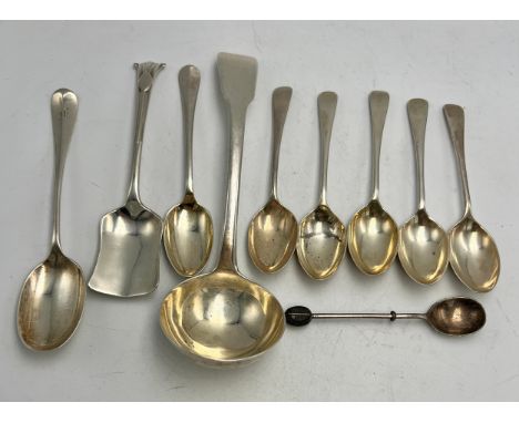 Ten hallmarked silver spoons to include Georgian ladle London 1812, maker William Eley, William Fearn &amp; William Chawner. 
