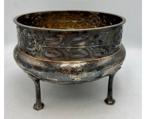 Arts &amp; Crafts silver Tudor Rose jardinière/bowl. Birmingham 1919, maker Albert Edward Jones. 14.5cm d. 11cm h. Weight 330