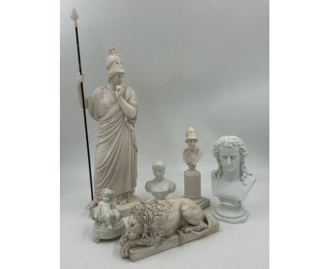 A heavy white marble statue of Athena with spear, 49cm h, a bust of Perseus on a column base, 21cm h, three bisque items to i