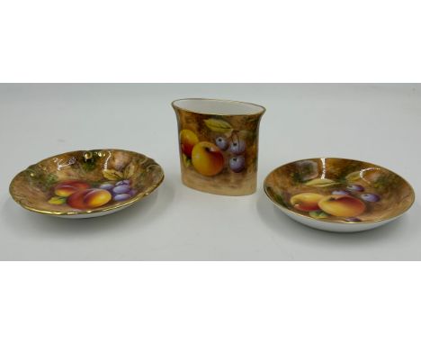 Royal Worcester to include 2 x pin dishes and a spill vase , all signed Roberts and all decorated with fruit to a mossy backg
