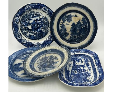 A group of early 19th century blue and white transfer printed  plates, c. 1810-20. To include: Longbridge, Basket of Flowers,