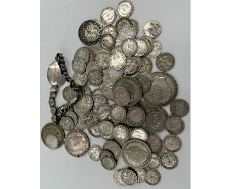 Silver UK coinage Victorian - 1921 mainly three pence pieces along with a silver bracelet engraved Robert Dibb PJX 331113, we