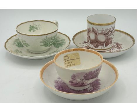 A group of early 19th century bat printed cups and saucers, c. 1820. To include fruit, ornithology and sheep. Saucers: 14cm w