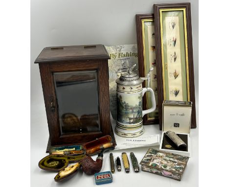 A miscellany of items to include a Smokers Cabinet 28cm x 21cm x 18cm with drawer, hinged top and glass door with key, Meersc