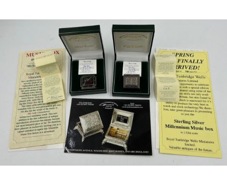 Royal Tunbridge Wells Miniatures Ltd Sterling Silver Music Boxes to include 'My Lady Greensleeves' encased in a carved box wi