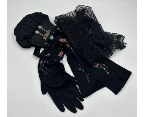 Early 20thC ladies accessories to include black silk evening bag with purse fixed inside and decorated with green stones,  a 