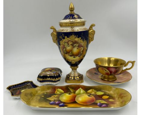 Various Coalport ceramics with painted fruit comprising a cabinet cup and saucer signed J R Budd, a pin dish and lidded pot s