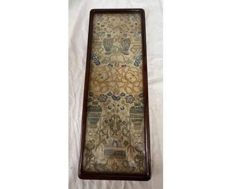 A 19thC Chinese silk and metal thread embroidery panel  enclosed in a glazed mahogany tray. 52 x19cm.