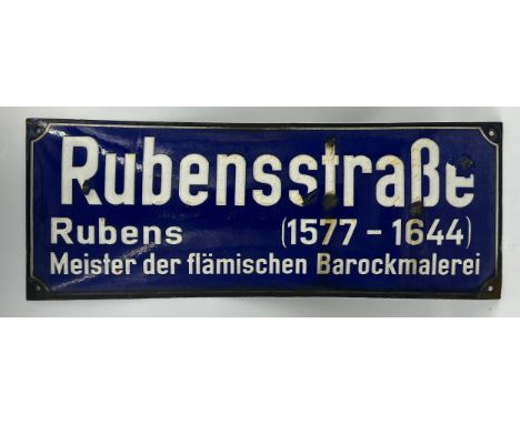 An original Enamel Street Sign Rubensstrabe from the city of Iserlohn in Germany, slightly bowed and measuring 25cm x 66cm.