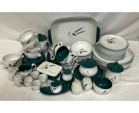 A collection of Denby 'Green Wheat' pattern part tea and dinner service including  6 x dinner plates, 9 x side plates, teapot