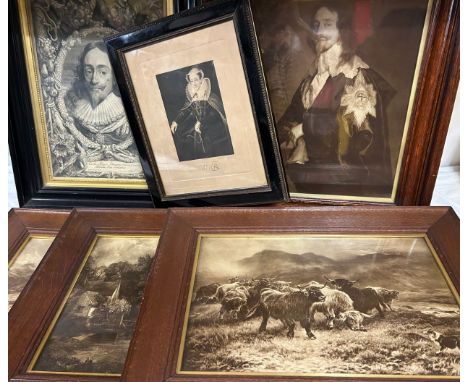 Six prints comprising two of King Charles I, one  by Jonas Suyderhoef and Pieter Claesz Soutman, after Sir Anthony van Dyck, 