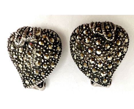 A pair of Art Deco style .925 silver and marcasite heart shaped clip on earrings.