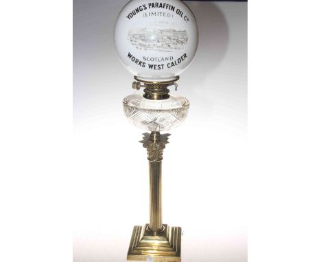 Brass and glass oil lamp with advert shade, Young's Paraffin Oil Co. Ltd, Scotland Works, West Calder, 76cm