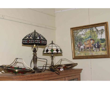 Two Tiffany style table lamps and two ceiling shades and an Alderson print