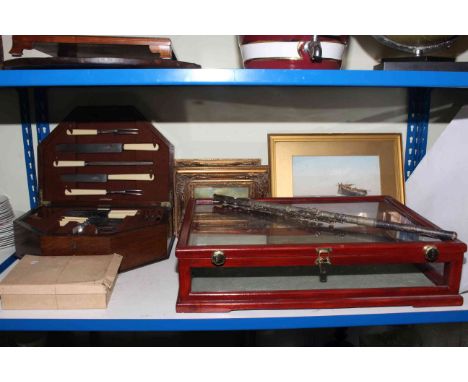 Oak cased part canteen, table top display case, vintage Christmas baubles, flute, J. Paynter watercolour and pair of prints