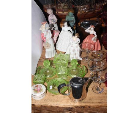 Two Coalport, Royal Doulton and three other lady figures, wooden biscuit barrel, green glass trinket set, four Babycham glass