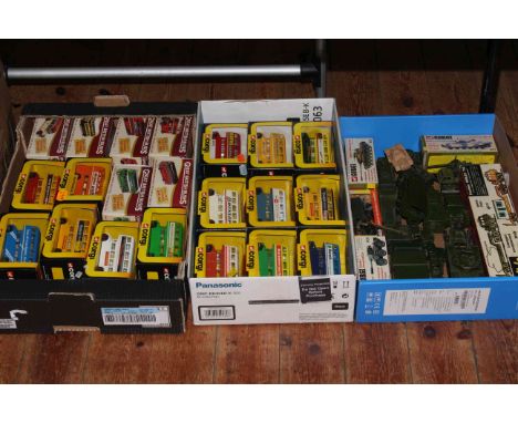 Three boxes of Corgi buses, Corgi and Dinky military vehicles, Solido Transport vehicles, etc