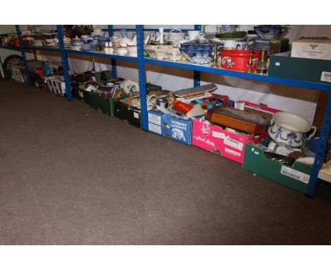 Twelve boxes of various china, vintage telephones, cameras, dolls, toys, clocks, etc