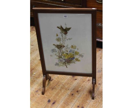 Glass panelled firescreen painted with birds and flowers