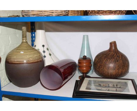 Three pottery and glass vases, nut vase, treen tobacco jar and three L.S. Lowry prints