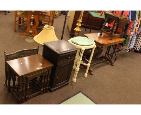 Nest of three oak tables, bedside pedestal, glazed pottery basin on stand, oak drop leaf coffee table and walnut side table (