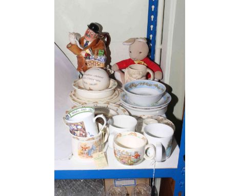 Royal Doulton Bunnykins china, Wedgwood Peter Rabbit dish, plate and bowl and Ringtons novelty teapot