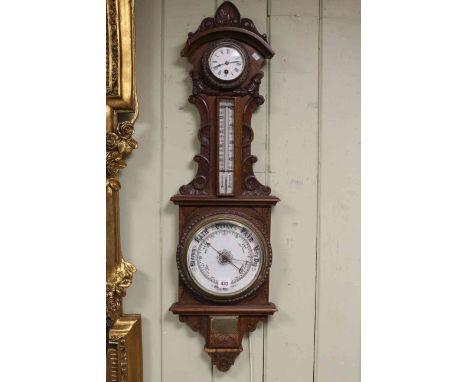 Early 20th Century carved oak clock-barometer
