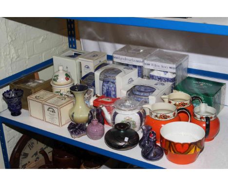 Boxed Ringtons china, Poole planter, three Wedgwood graduated jugs, iridescent glass vase, Caithness glass, etc