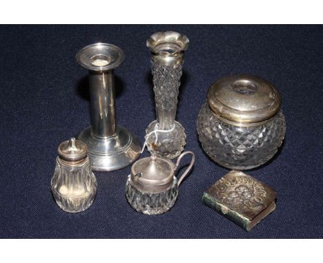 Six silver items including vase, pepperette, hair tidy, book, mustard pot and candlestick