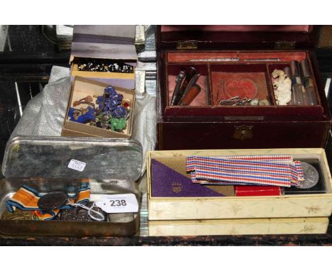 WWI medals with ribbons, 287816 Pte H. Hibbert A.S.C., also lighter casings, costume jewellery, commemorative coins, bag