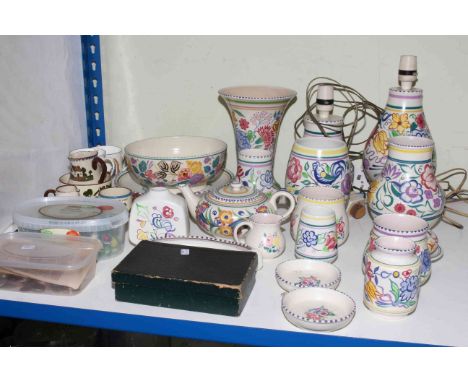 Collection of Poole Pottery lamps, vases, bowl, teapot, plates, etc, tub of marbles, tub of coins and banknotes, pair of chai