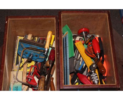 Two boxes of tools including braces, saws, vice, etc