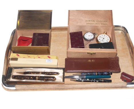 Fountain and ballpoint pens, two pocket watches, Ronson lighter, two pen-knives, etc