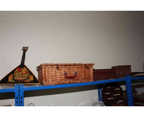 Picnic hamper, two carved boxes, chess set and two boards and balalaika